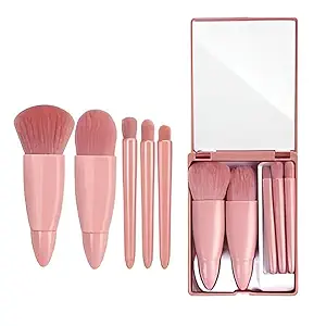 Portable 5Pcs Travel Makeup Brush Set with Makeup Mirror in Brush Case