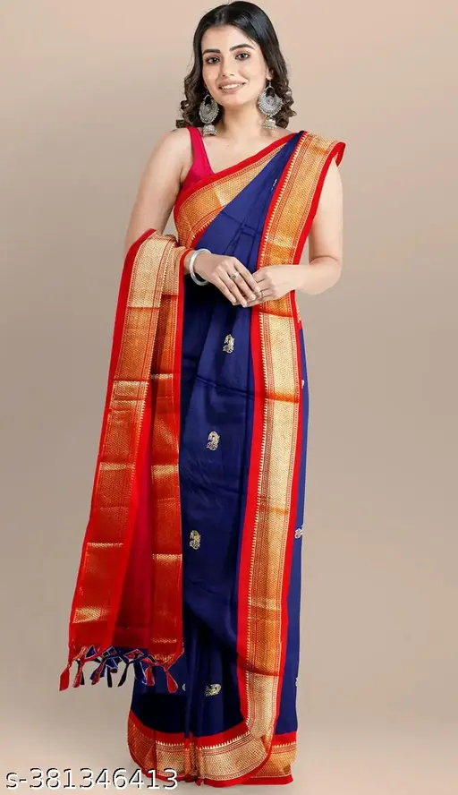 Paithani Sico Silk Saree with running blouse piece(navy blue Red)