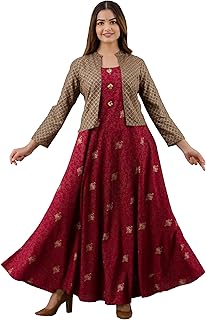 Rayon, Kurta with Jacket, Flared, Printed, Gold Printed,